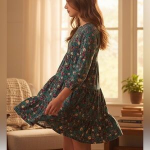 Garnett Hill Kids Organic Cotton Teal Long Sleeve Floral Tiered Dress Size 14